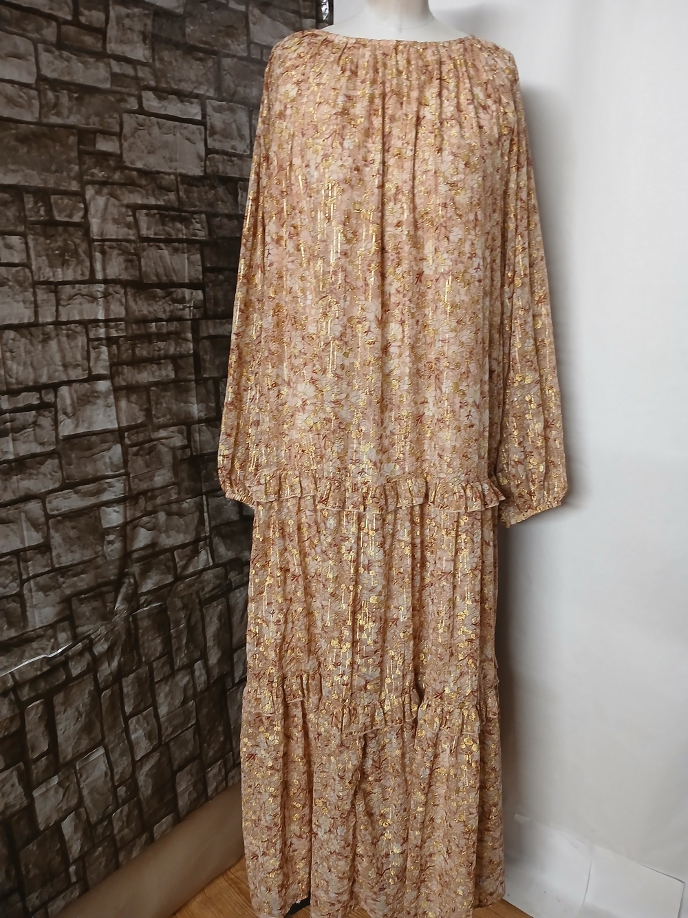 ASOS Pink Floral Long-Sleeve Maxi Dress with Gold Foil